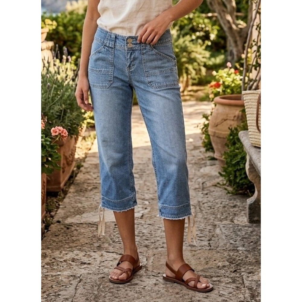 Y2K Hydraulic Denim Cropped Utility Jeans Women's 4 Blue Drawstring Cuffs Cotton